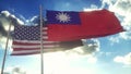 Taiwan and USA flag on flagpole. Taiwan and United States waving flag in wind. Taiwan and United States diplomatic