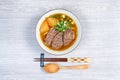 Taiwanese beef noodle soup is a noodle soup dish originating from Taiwan. top view