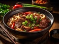 Taiwanese Beef Noodle Soup on Wooden Table. Beef noodle soup. AI Generative