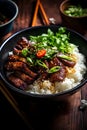 Taiwanese braised pork rice with green onion