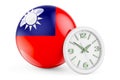 Taiwanese flag with clock. Time in Taiwan, 3D rendering