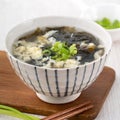 Taiwanese food - Homemade delicious seaweed egg drop soup in a bowl on a serving tray