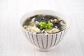 Taiwanese food - Homemade delicious seaweed egg drop soup in a bowl on a serving tray