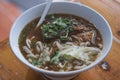 Taiwanese food of soup noodles with pork ribs cakes at restaurant