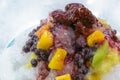 Taiwanese mixed fruit shaved Ice snowflake smoothie at night market in Kaohsiung, Taiwan.