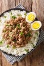 Taiwanese pork minced meat with rice and eggs close-up in a bowl. Vertical top view