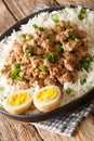 Taiwanese pork minced meat with rice and eggs close-up in a bowl. vertical