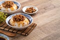 Taiwanese savory rice pudding Wa gui with chopped dried radish and soy sauce