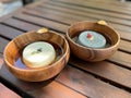 Taiwanese traditional soybean pudding in the wooden bowl.