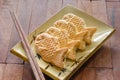 Taiyaki cakes on wood background,Japanese confectionery