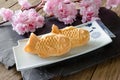 Taiyaki cakes on wood background,Japanese confectionery