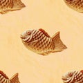 Taiyaki Japanese fish-shaped pancakes. Funny food pattern. Seamless background.