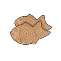 Taiyaki japanese fish shaped pastry doodle icon, vector color line illustration