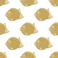 Taiyaki seamless vector pattern. Tasty Asian dessert in the shape of a fish. Waffle filled with sweet bean paste