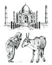 Taj Mahal an ancient Palace in India. monk with cow. traditional animal. landmark or architecture. Traditional mausoleum