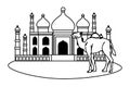 Taj mahal and camel cartoon scenery in black and white