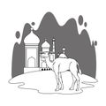 Taj mahal and camel cartoon scenery in black and white