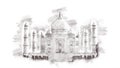 Taj Mahal, India . Hand drawn pencil landmark sketch, isolated on white background.