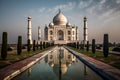 Taj Mahal in India, with the white marble structure, reflecting pool, and blue sky visible in the background.