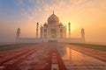 Taj Mahal, Indian. Morning fog. Sunrise. Generative Ai