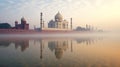 Taj Mahal, Indian. Morning fog. Sunrise. Generative Ai