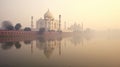 Taj Mahal, Indian. Morning fog. Sunrise. Generative Ai