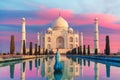 Taj Mahal main view on the sunset, famous marble mausoleum of Agra, Uttar Pradesh, India