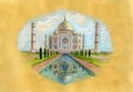 The Taj Mahal mausoleum in the Indian city of Agra. Watercolor illustration.