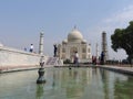 Taj Mahal mausoleum and symbol of love, white ivory marble on the South Bank of the Yamuna river in the Indian city of Agra, Uttar