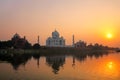 Taj Mahal reflected in Yamuna river at sunset in Agra, India