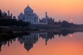 Taj Mahal reflected in Yamuna river at sunset in Agra, India