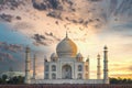 Taj Mahal scenic sunset view with moody sky, in Agra, India