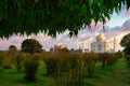 Taj Mahal scenic sunset view with pink sky from Mehtab Bagh gardens, in Agra, India. Royalty Free Stock Photo