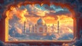 Taj Mahal sunset cloudscape, arched window view, travel poster Royalty Free Stock Photo