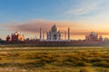 Taj Mahal, view from the Yumana river at sunset, India, Agra Royalty Free Stock Photo