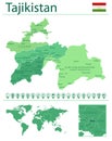 Tajikistan detailed map and flag. Tajikistan on world map