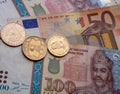 Tajikistan money somoni coins and euro banknote