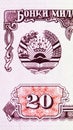 Tajikistan 20 rubles banknote closeup macro bill fragment with nominal value