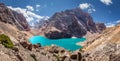 Tajikistan, view from the rock to Great Allo lake with narrow valley among Fan mountains