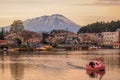 Cherry blossom Festival at Takamatsu Park,Morioka,Iwate,Tohoku,Japan on April27,2018:Water bikes in Takamatsu Pond with cherry tre