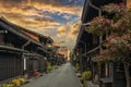 Takayama Gifu Japan, sunrise at old town Sannomachi street in autumn season