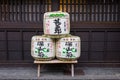 Takayama`s well-known sake brewery displays for sale to tourists in front of the traditional hous