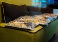 Take away Asian food on the plates wrapped in plastic bag on the couch