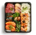 Take-away box with rice and a variety of seafood, sushi, and green vegetables. Asian takeout food. Generative AI