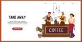 Take away cafe website template with baristas prepare coffee, flat vector.