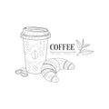 Take Away Coffee And Croissant Hand Drawn Realistic Sketch