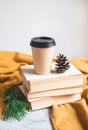 Take Away Coffee Cup Book Reading Winter Time Rest Background Free Time Spending Royalty Free Stock Photo