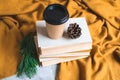 Take Away Coffee Cup Book Reading Winter Time Rest Background Free Time Spending Royalty Free Stock Photo