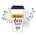 Take away coffee cup with the hand lettered phrase Herbal tea time.