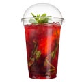 Take-away drink. Refreshing drink in a plastic cup. Red cocktail with ice and mint. Royalty Free Stock Photo